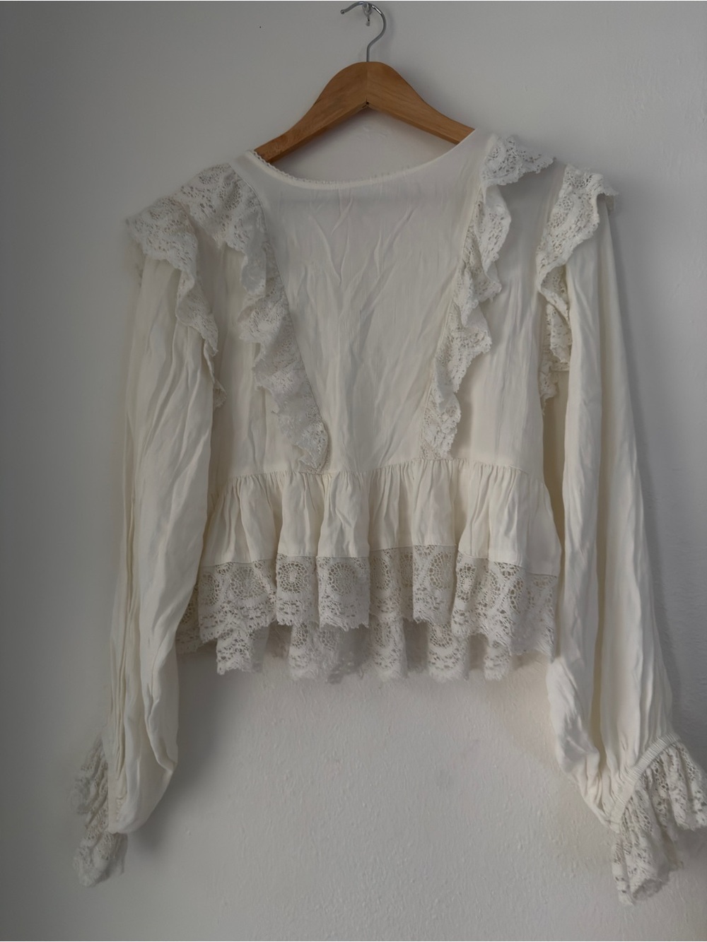 Free People Take It Easy Crochet White  Blouse Billow Sleeve Women’s Size S